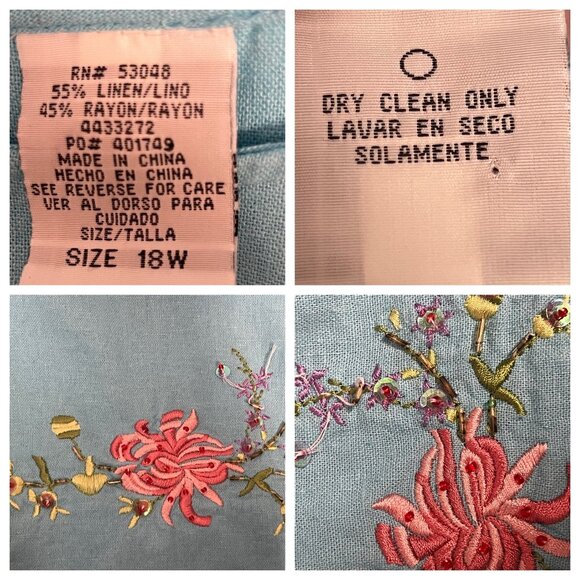 VINTAGE Ultra Dress Size 18W Blue Embroidered Floral Two-Piece Linen/Rayon Set - Picture 10 of 16